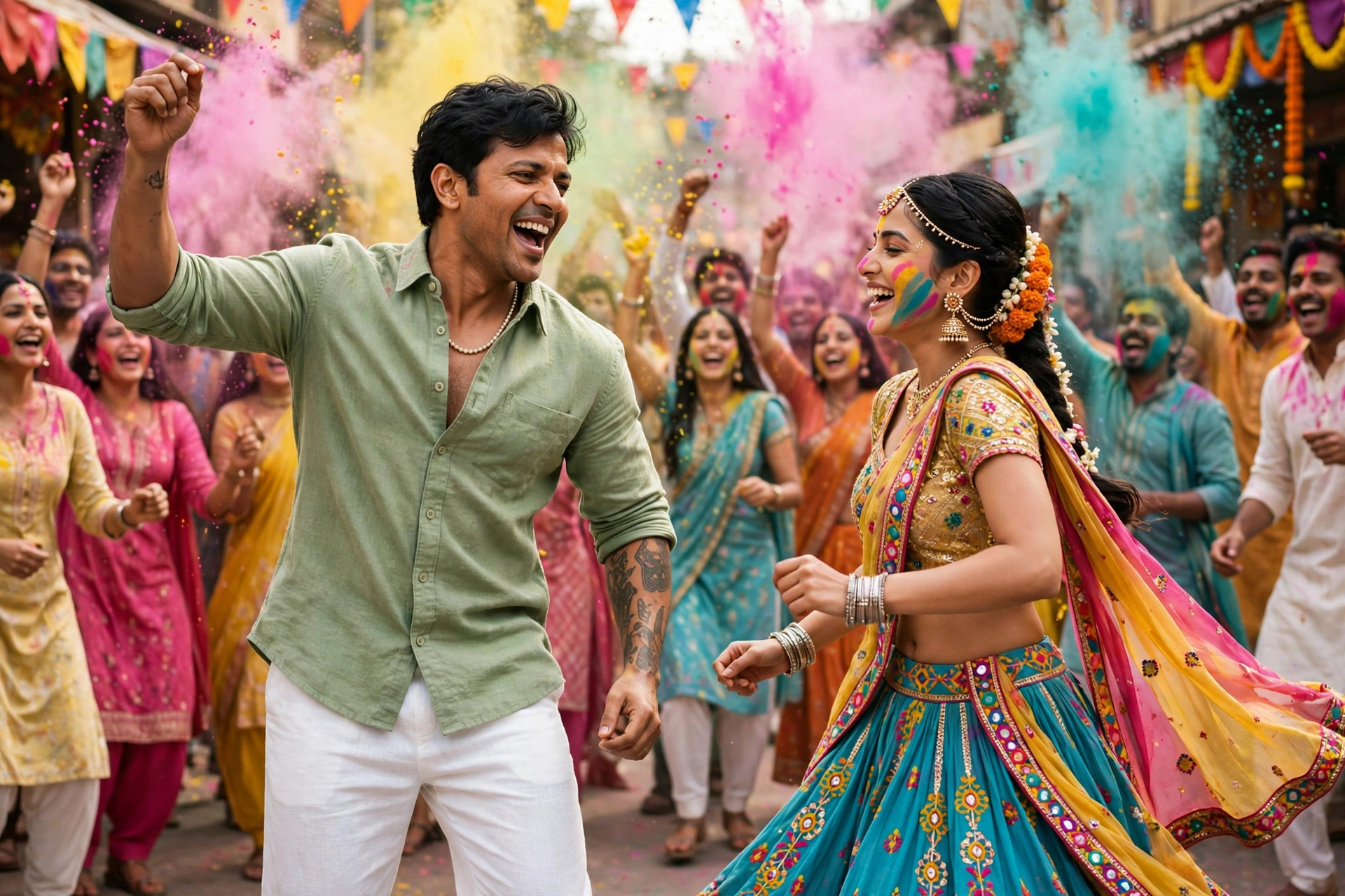Holi festival crowd — a sea of colour and celebration, pure cinema