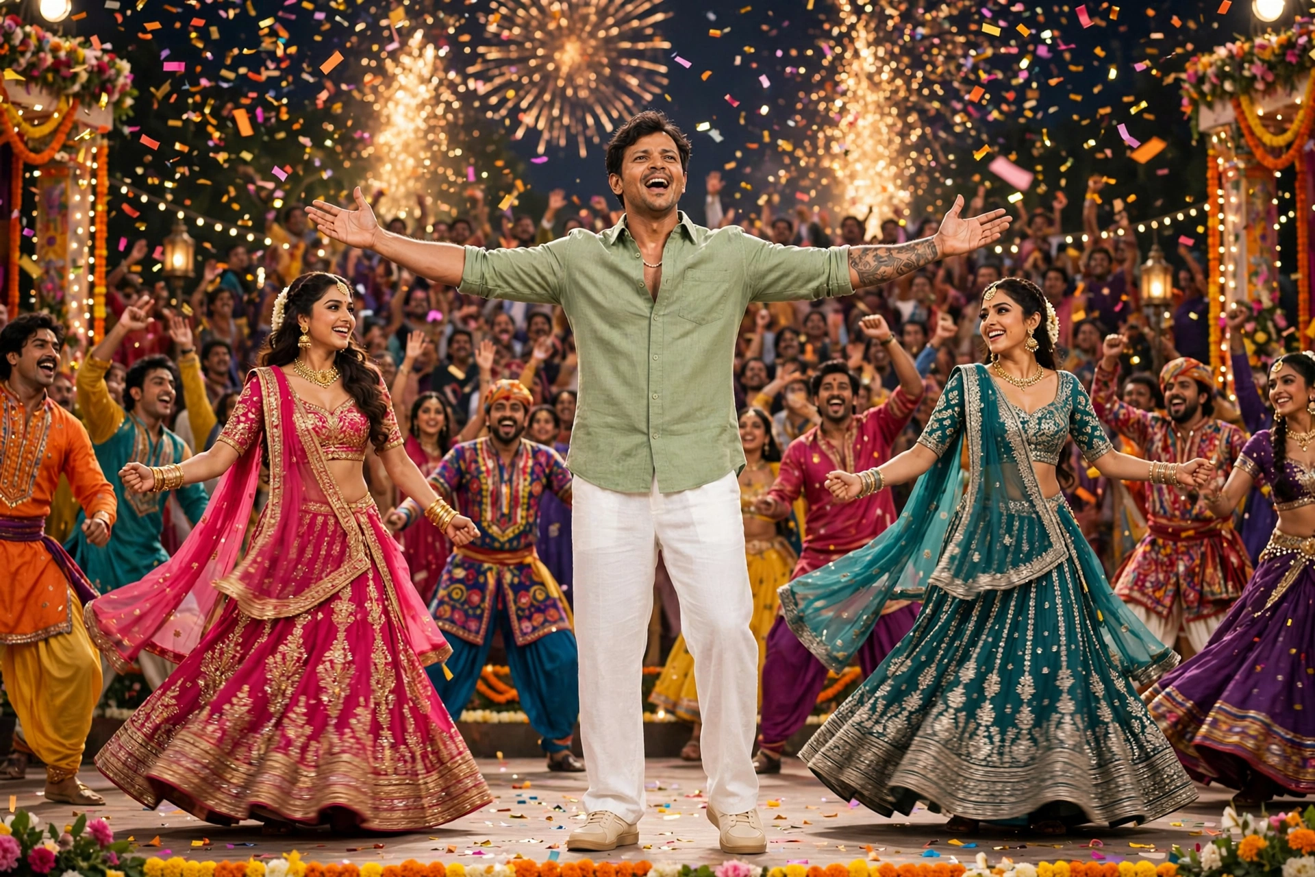 Grand finale dance — a sweeping Bollywood celebration captured like a film still