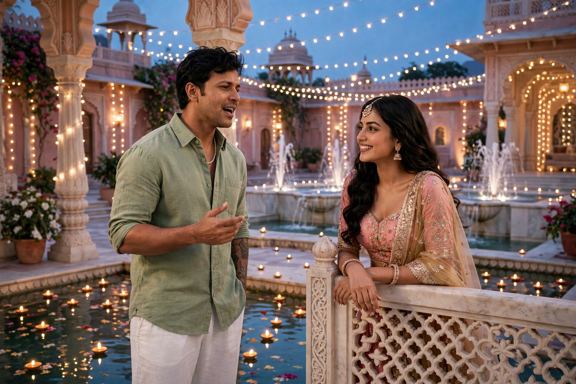 Palace terrace serenade — a singer performs at dusk like a scene from a classic film